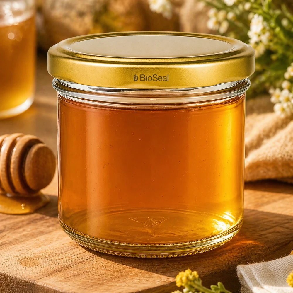 125ml bekers met BioSeal deksel goud UNiTWIST UNiTWIST bekers 125ml gevuld met honing - gouden TO66 BioSeal deksel op houten plank met honinglepel
