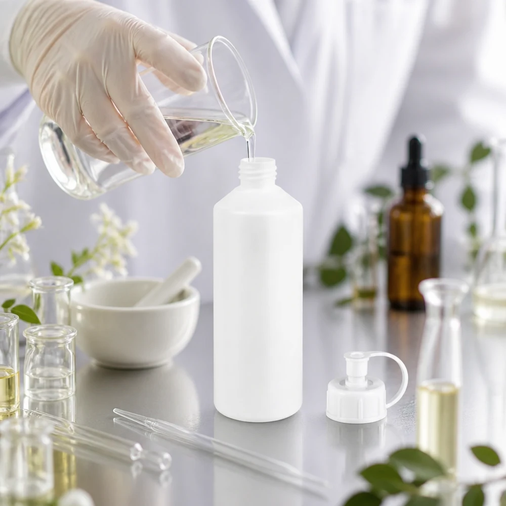 PET cilinderfles 100ml wit met sproeisluiting wit Witte doseerfles van 100 ml van HDPE met pompje, naast een vijzel en een glazen flesje