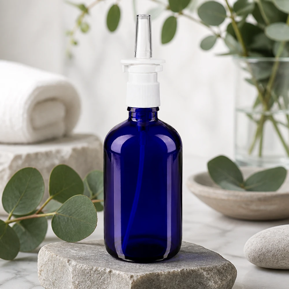 Farmaceutische blauwe glazen fles van 100 ml met neusspray-dop voor medische toepassingen