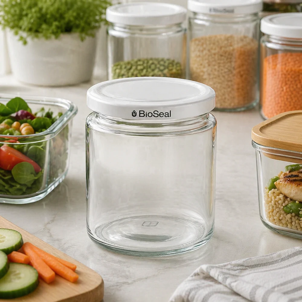250 ml honingpot met wit BioSeal deksel leeg in een moderne keuken tussen voorraadpotten en vers voedsel