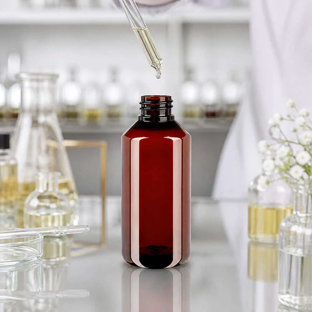 Befüllbare PET Flasche 1L brauntransparent mit Zubehör für pharmazeutische Anwendungen