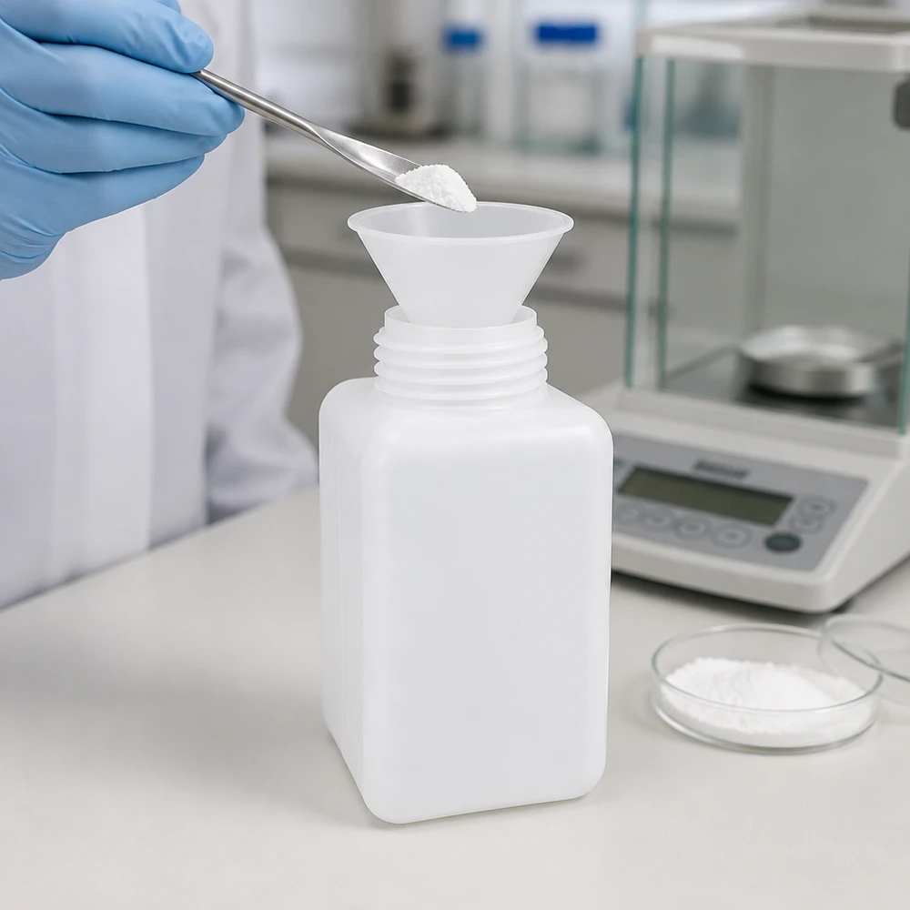 Chemische fles 1000 ml met brede hals, PE-HD, voor het afvullen van poeder, analyseschaal, petrischaal, laboratorium