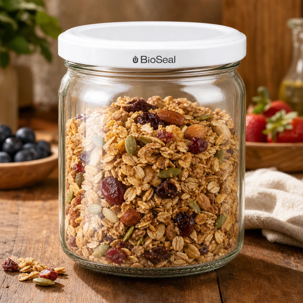 408ml rond glas met BioSeal deksel wit UNiTWIST UNiTWIST Runda408 pot gevuld met muesli - praktische voedselopslag met BioSeal sluiting