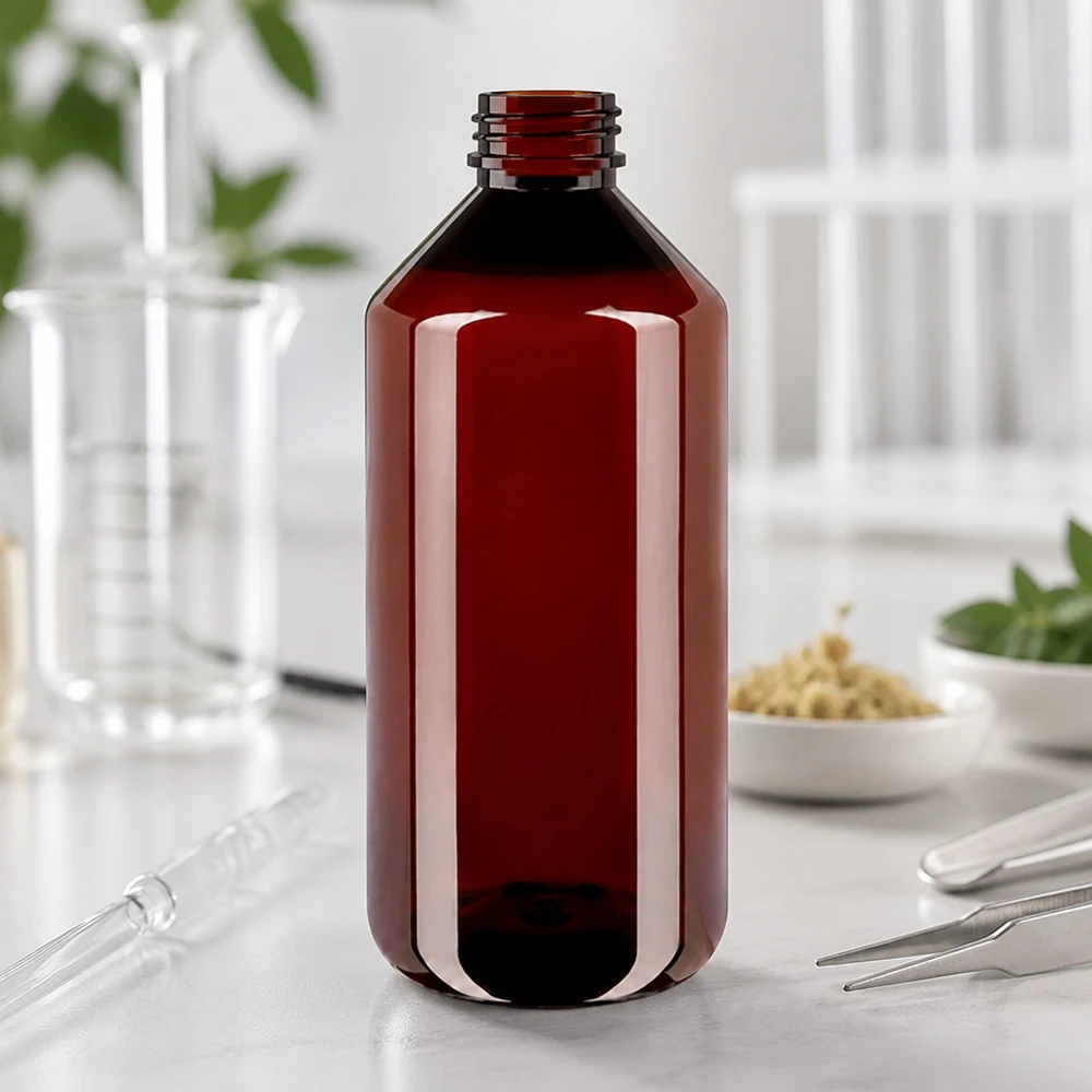 1000ml PET-fles met wit/rode OV-dop Voedselveilige kunststof fles van 1000 ml, amberkleurig, met een smalle schroefdop, hersluitbaar