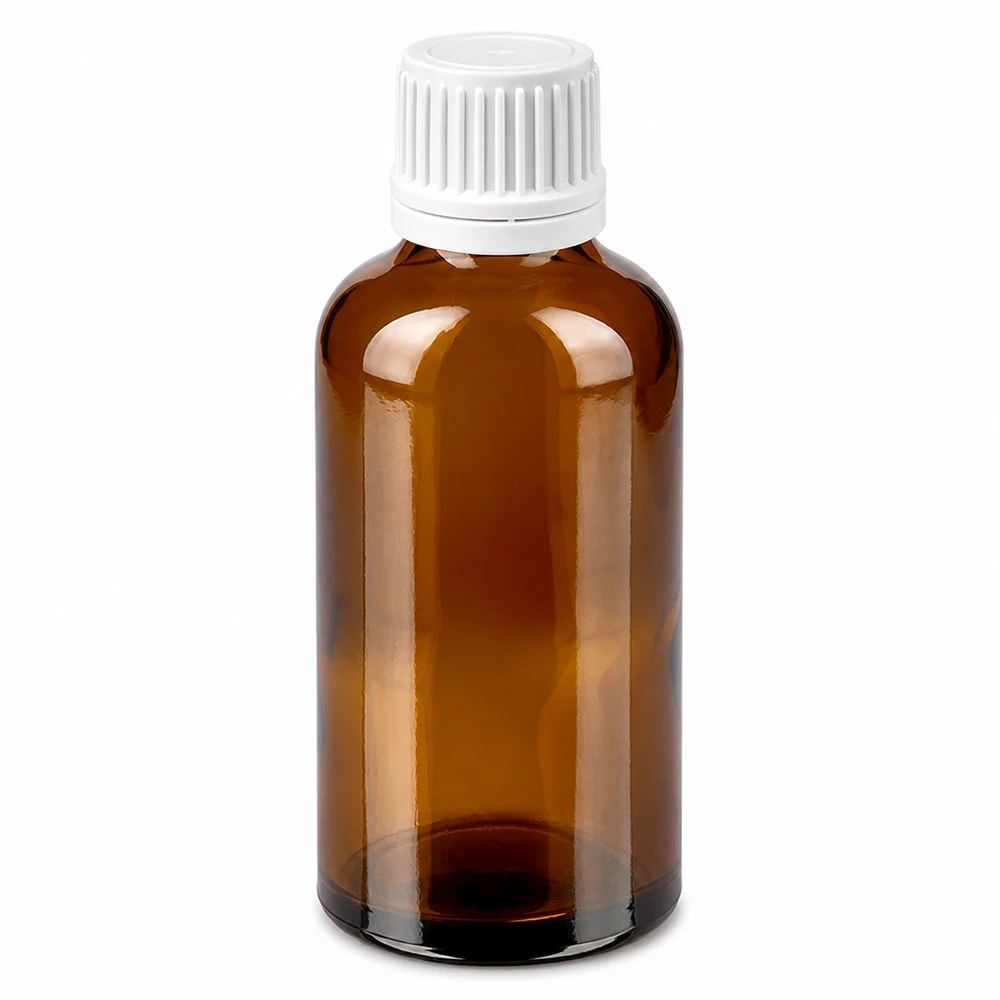 50ml amberkleurig glazen flesje met witte schroefdop voor medicijnen en cosmetica