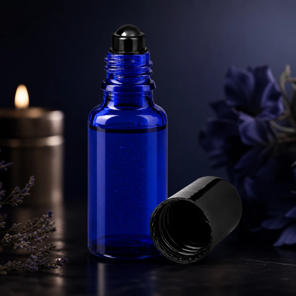 Hervulbaar blauw glazen flesje van 20 ml met roll-on-dop voor parfum en lichaamsoliën