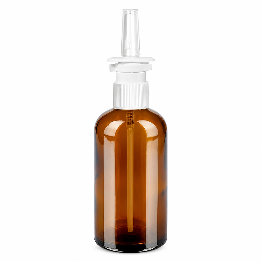 Compacte 100ml neussprayfles in amberkleurig glas voor onderweg