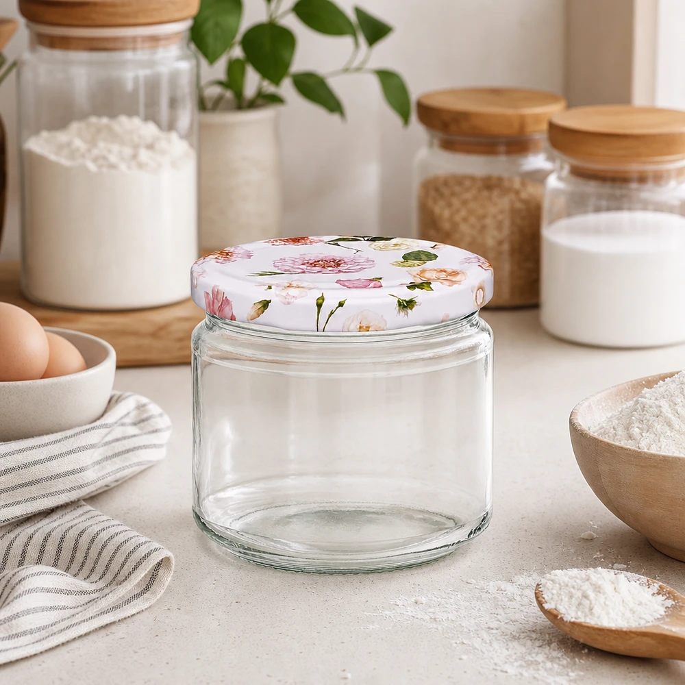 330ml ronde pot leeg met roze bloemen BasicSeal deksel in moderne keuken tussen voorraadpotten en bloem