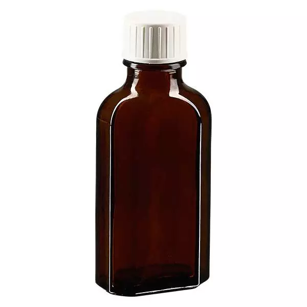 50 ml bruine meplatfles met DIN 22 monding, inclusief schroefsluiting DIN 22 wit met gietring