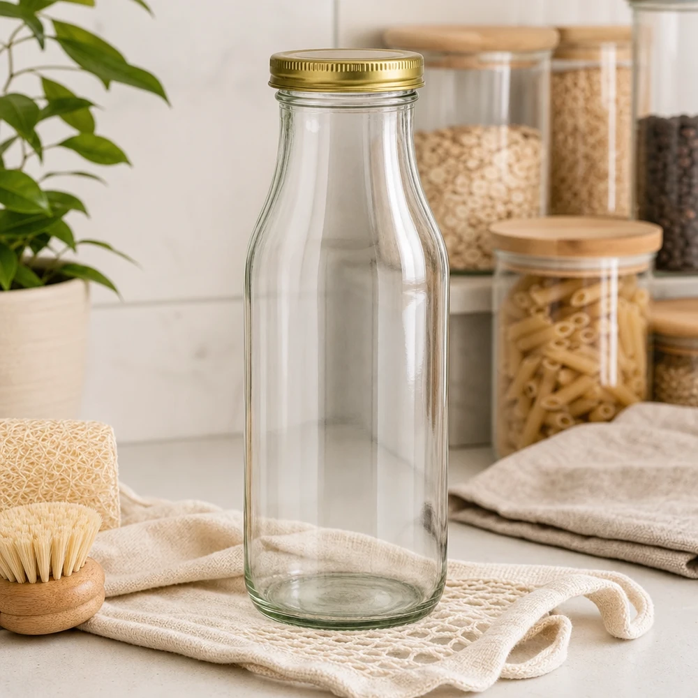 263ml fles met BioSeal deksel goud UNiTWIST UNiTWIST Bottle263 glazen fles met gouden TO43 BioSeal deksel in duurzame zero-waste keuken met voorraadpotten