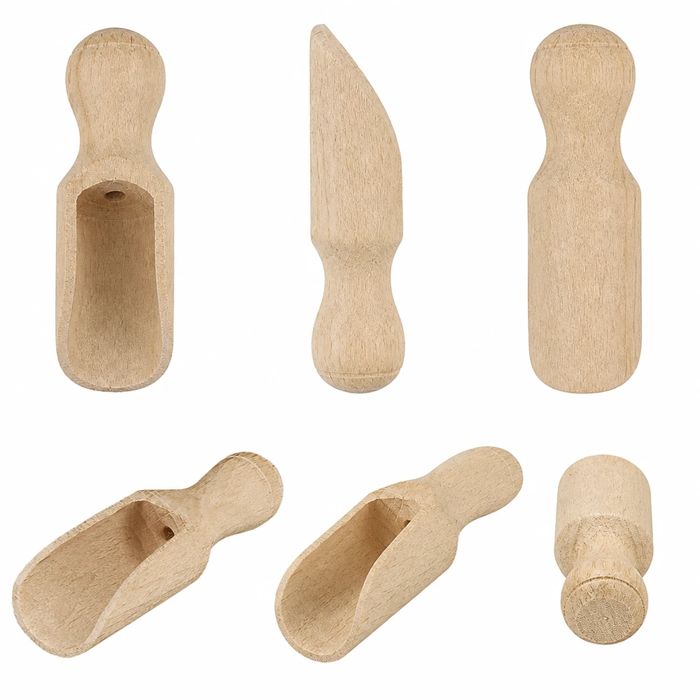 Houten schep XS set vanuit verschillende hoeken toont halfronde vorm en vakmanschap gemaakt van natuurlijk hout