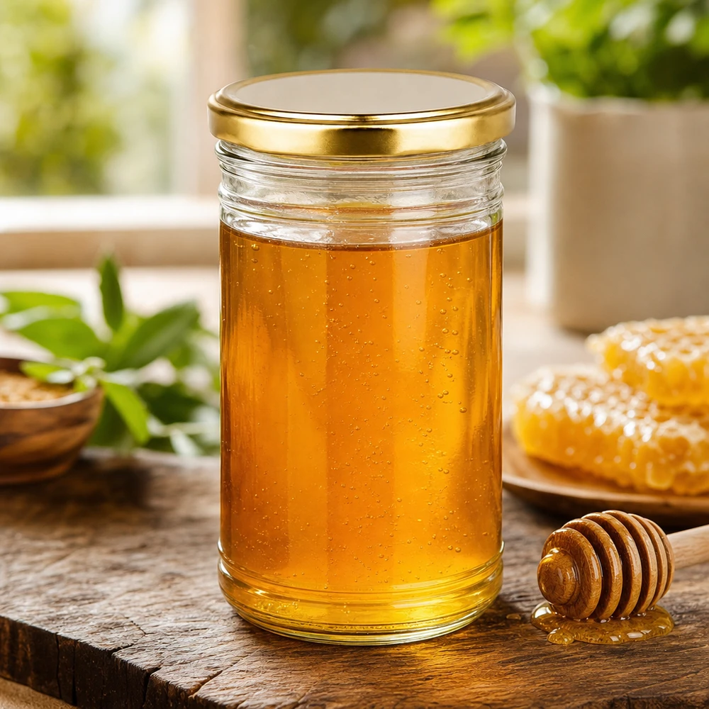 Honing in een potje van 1053 ml met een gouden BasicSeal deksel naast een honingpot en honingraat op een houten tafel
