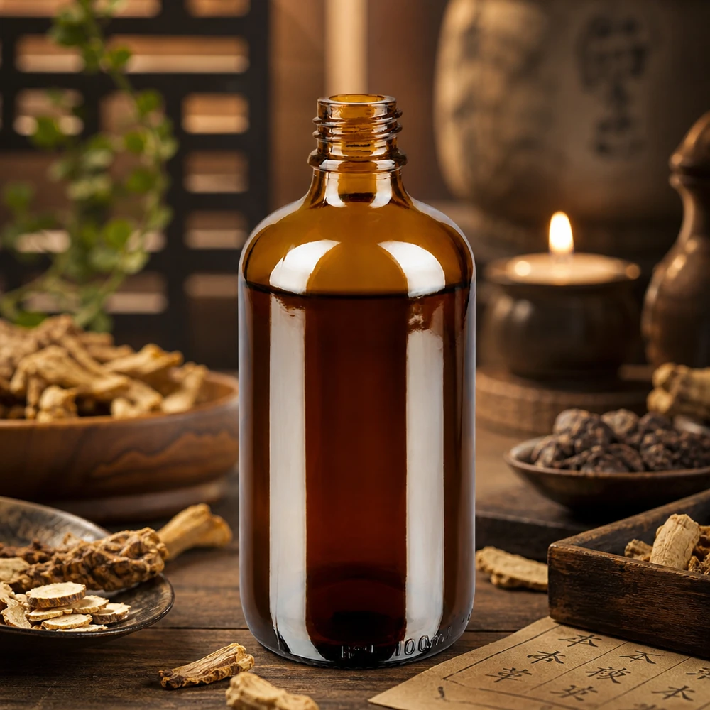 100ml bruine apothekersfles ApoGlas met TCM kruiden ginseng en peper in de Aziatische geneeskunst