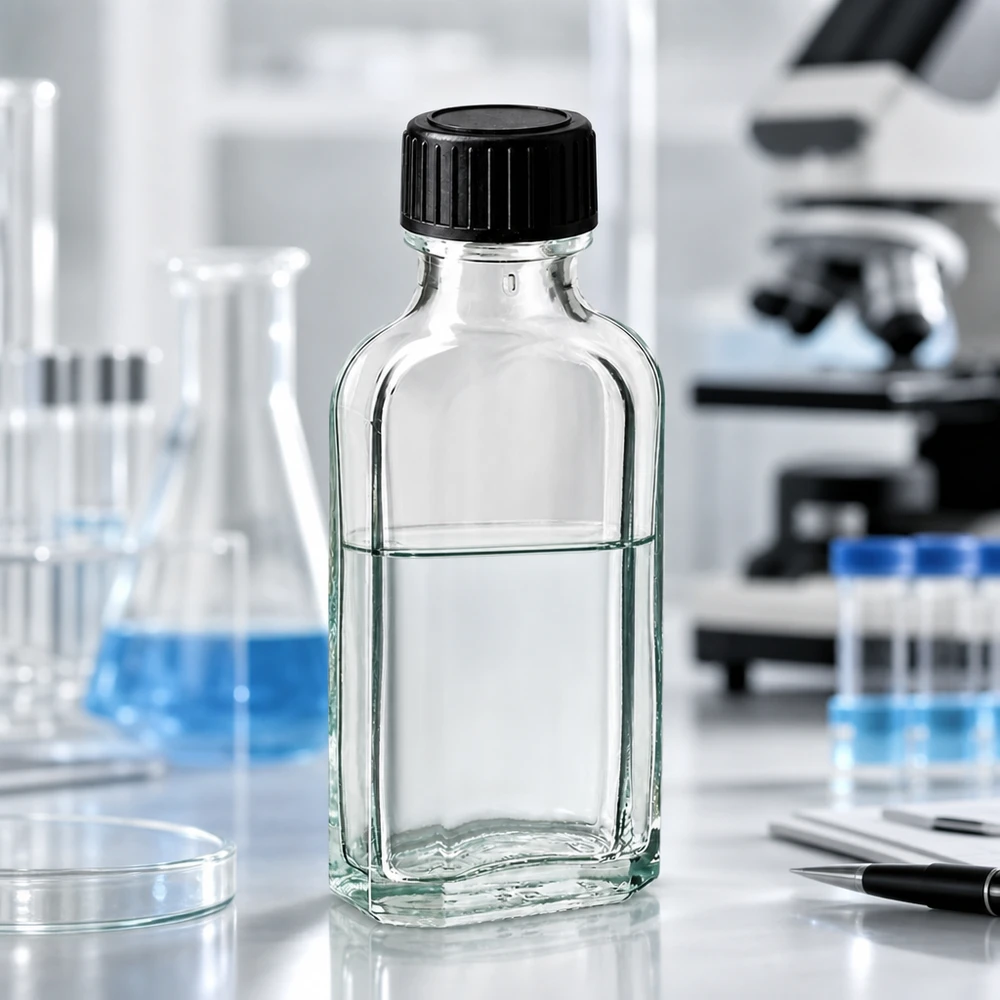 Kleine laboratoriumfles van helder glas, 50 ml, met schroefdop voor farmaceutische toepassingen