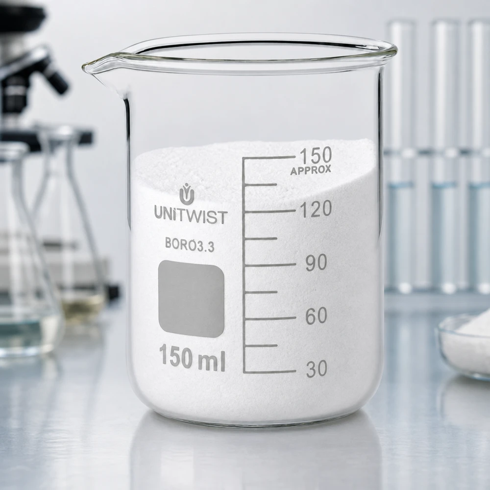 Beker 150ml borosilicaat, lage vorm UNiTwist UNiTwist bekerglas 150 ml, borosilicaat, laag model, met opschriftveld en wit poeder