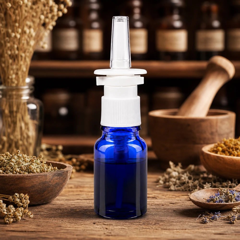 Een medicijnflesje van 10 ml van blauw glas met een neusspraykopje in een typische apotheekomgeving