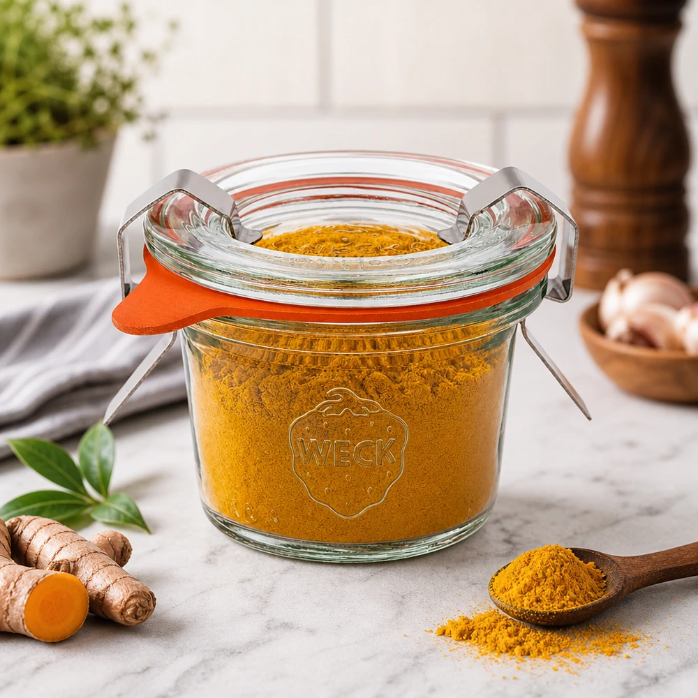 WECK 35ml RR40 tumblers gevuld met kurkuma naast verse gember toont opslag van specerijen en kruiden