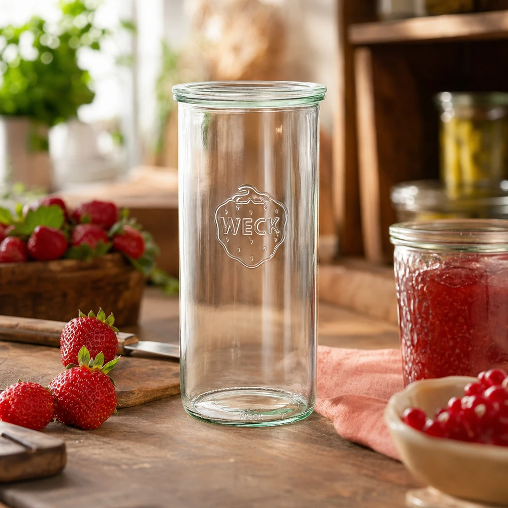 WECK RR100 bekers van 1500 ml in een rustieke keuken met verse aardbeien en jam als decoratie