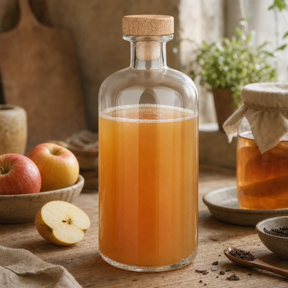 500 ml Apothekersfles Flora met houten handgreepkurk UNiTWIST® Glazen fles Flora 500ml gevuld met appelazijn tussen verse appels en kruiden op houten tafel rustieke keuken