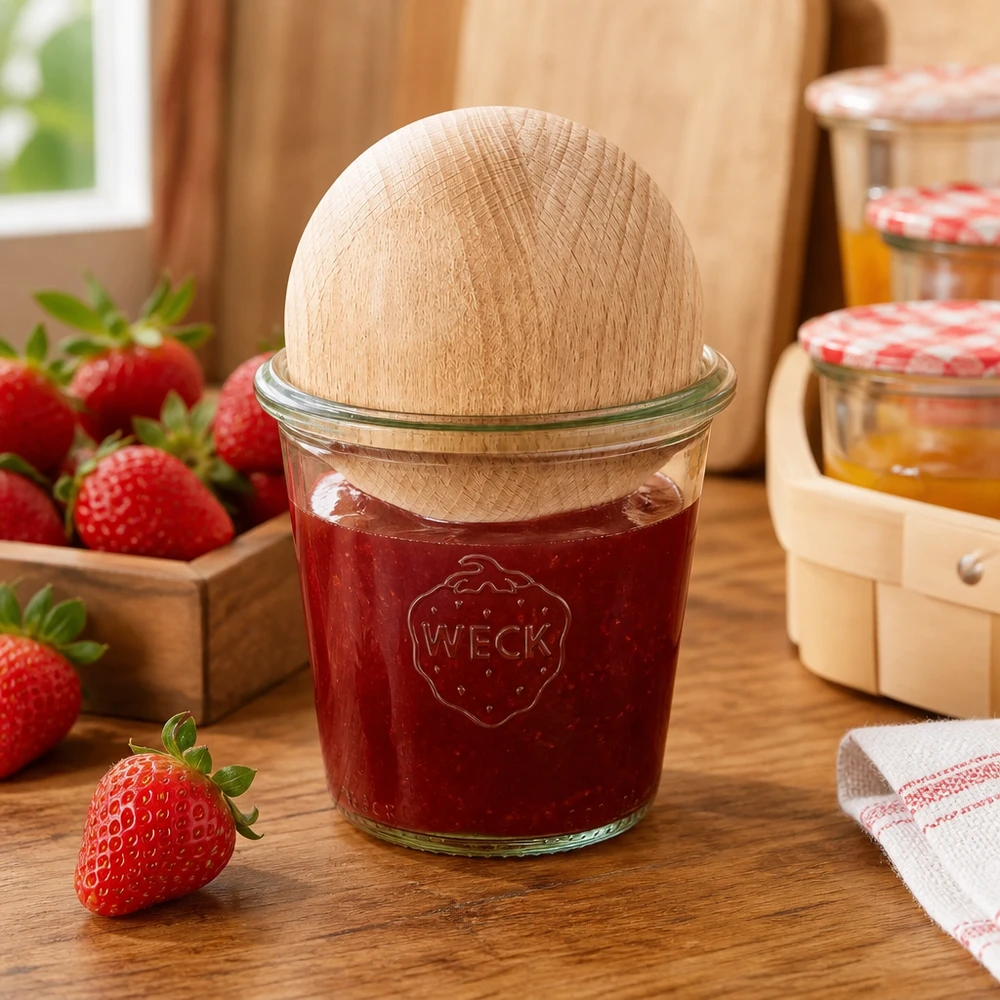 WECK inmaakpot 290ml RR80 gevuld met aardbeienjam en houten kogelstop van beukenhout in de keuken