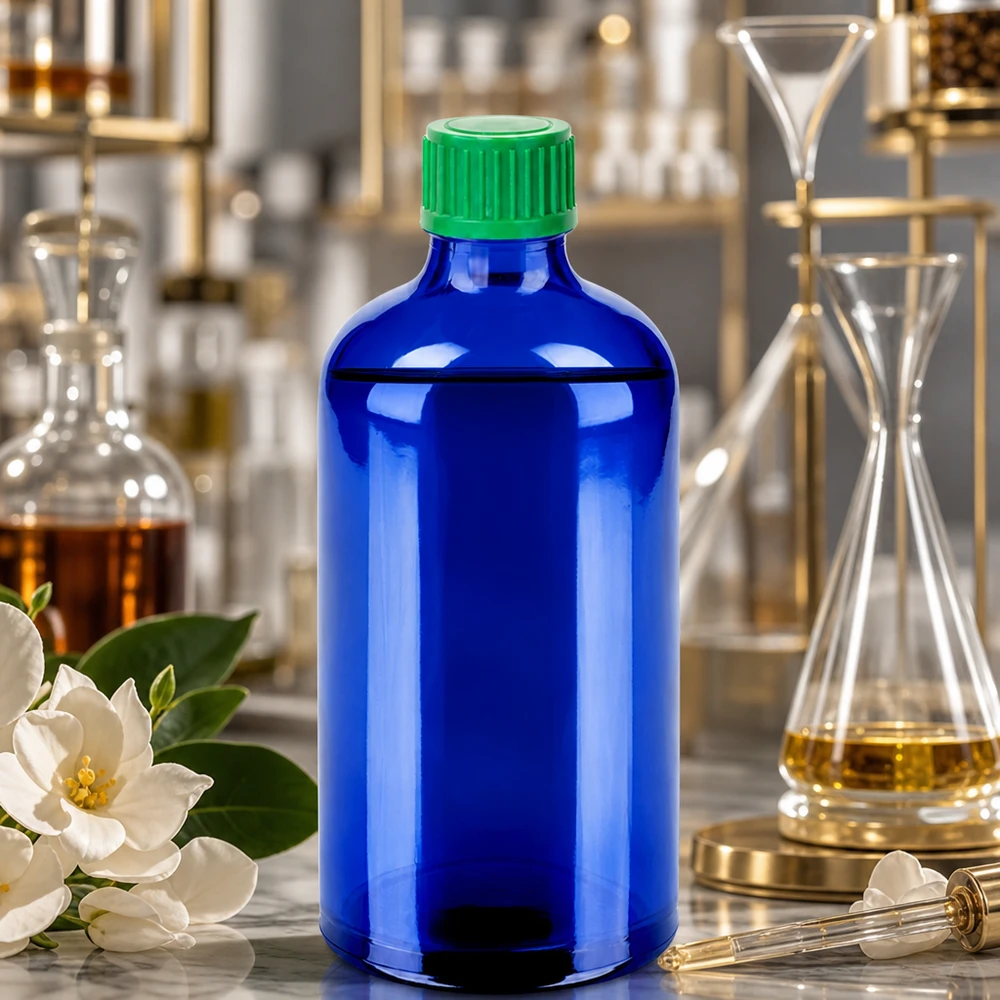 Hoogwaardige blauwe glazen fles 100ml met groene plastic dop om veilig te bewaren