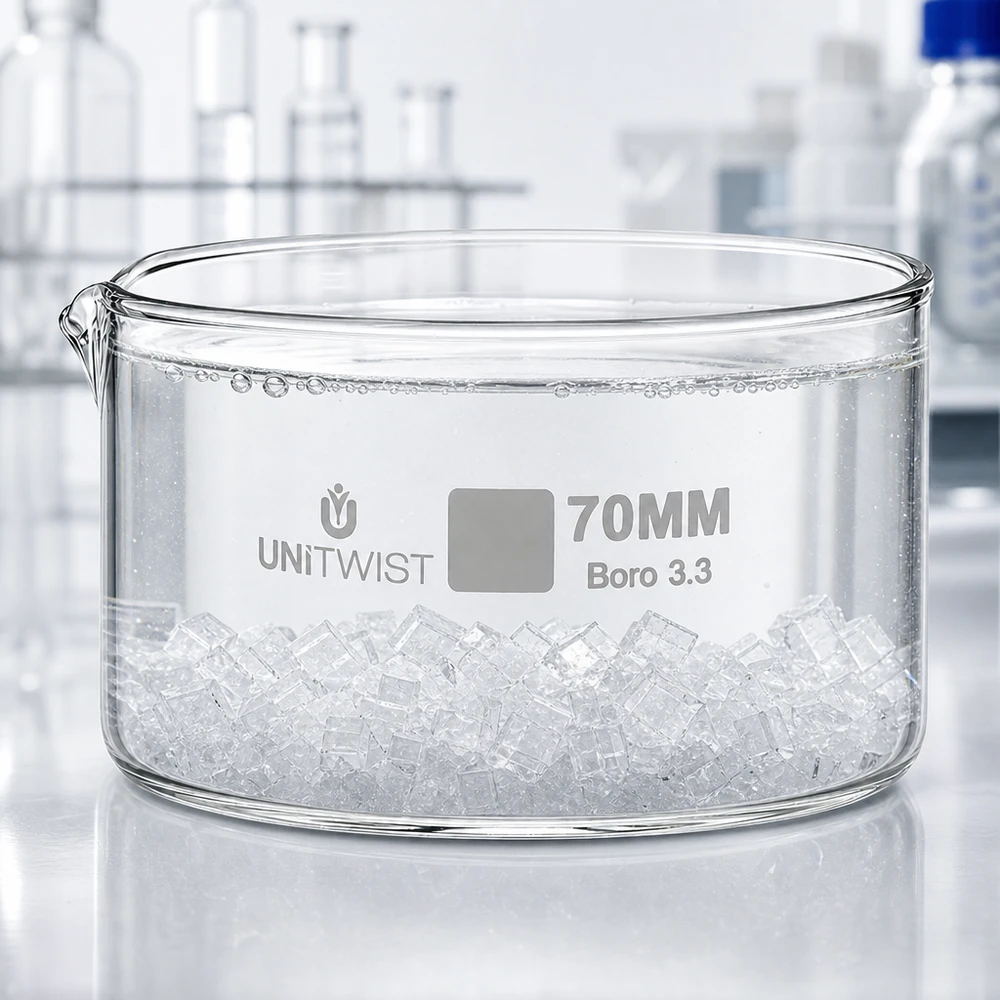 Kristalliseer schaal ø70mm borosilicaatglas UNiTWIST Ronde schaal voor laboratoriumgebruik, borosilicaatglas UNiTWIST 70 mm, helder glas met inhoud, close-up