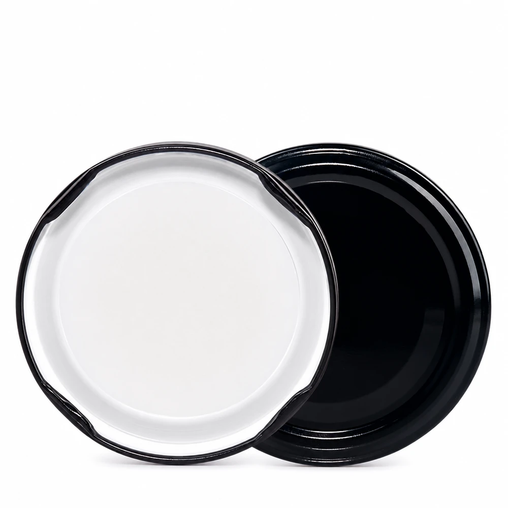 UNiTWIST TO48 zwart, BioSeal, BPA-NI, unitemp. Twee UNiTWIST TO48-deksels, zwart, BioSeal, BPA-vrij, maat 48 mm – Vergelijking binnenkant/buitenkant