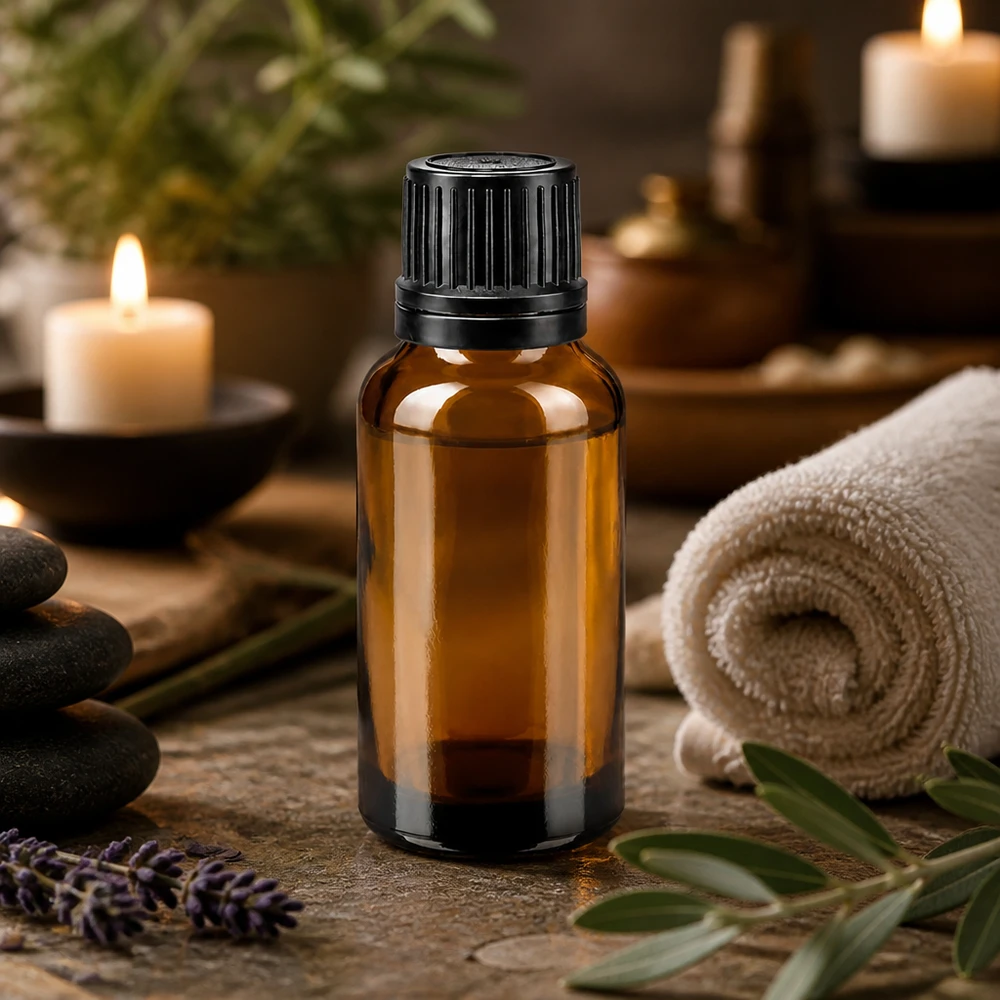 Bruine glazen fles 20ml met zwart schroefsluiting uitgietring VR Donkere beschermende glazen fles van 20 ml met zwarte, geribbelde OV-dop, voor natuurlijke cosmetica en essences