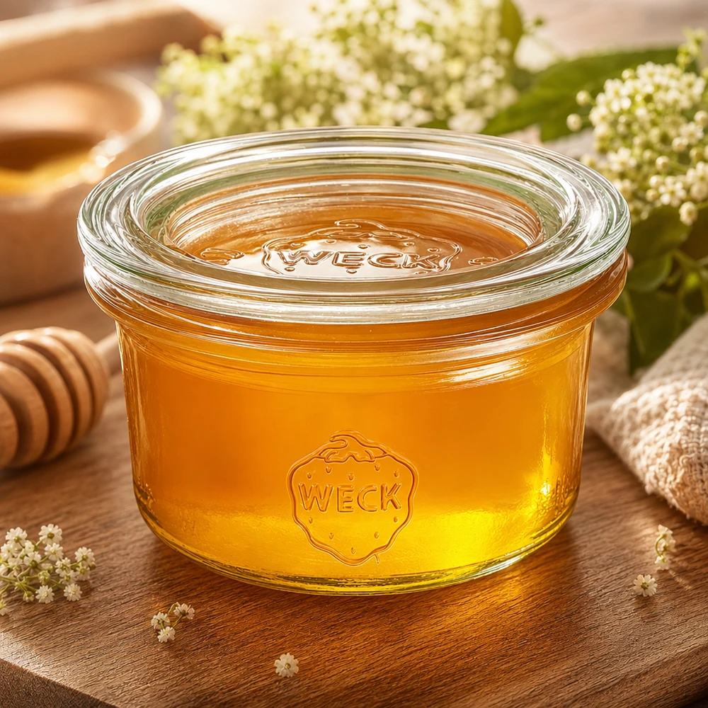 WECK bekers 50ml gevuld met honing naast honinglepel en bloemen natuurlijk gepresenteerd op een rustieke houten tafel