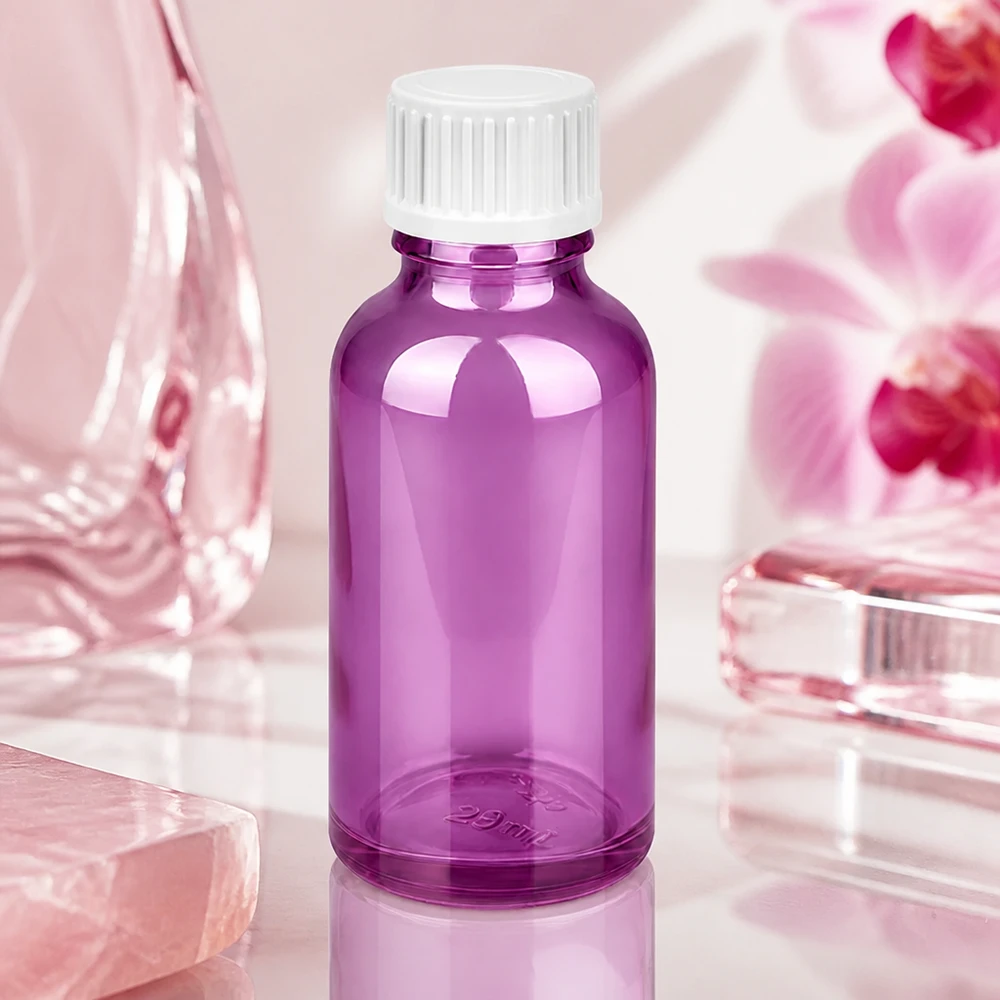 30ml (bol)fles. 3mm schenkring wit Standaard PurpleLine. UT18/30 Handig paars glazen flesje van 30 ml met precieze dop voor aromamengsels