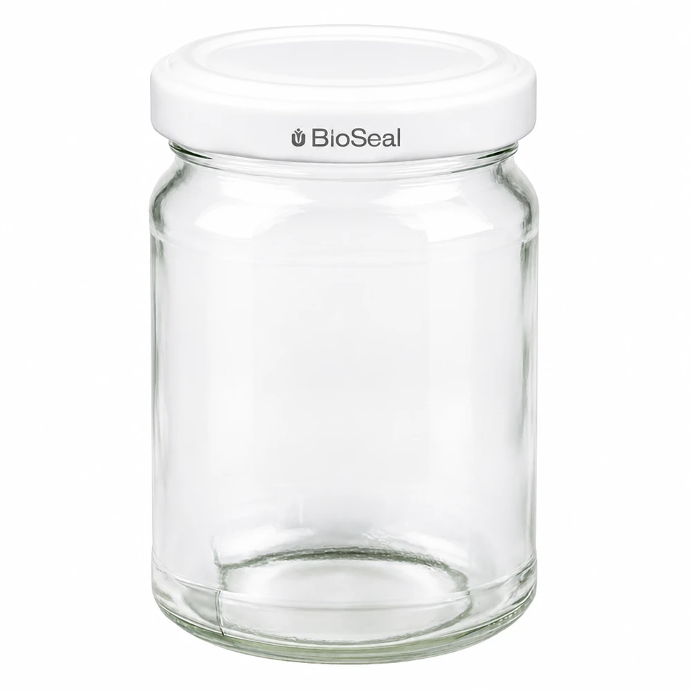 205ml rond glas met BioSeal deksel wit UNiTWIST UNiTWIST Runda205 inmaakpot met wit TO58 BioSeal deksel - lege ronde pot voor conservering en opslag