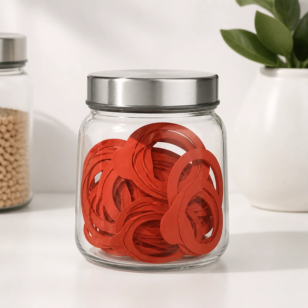 Bewaarringen RR60 natuurrubber sinaasappel in glazen pot met metalen deksel modern wit keuken bewaarringen