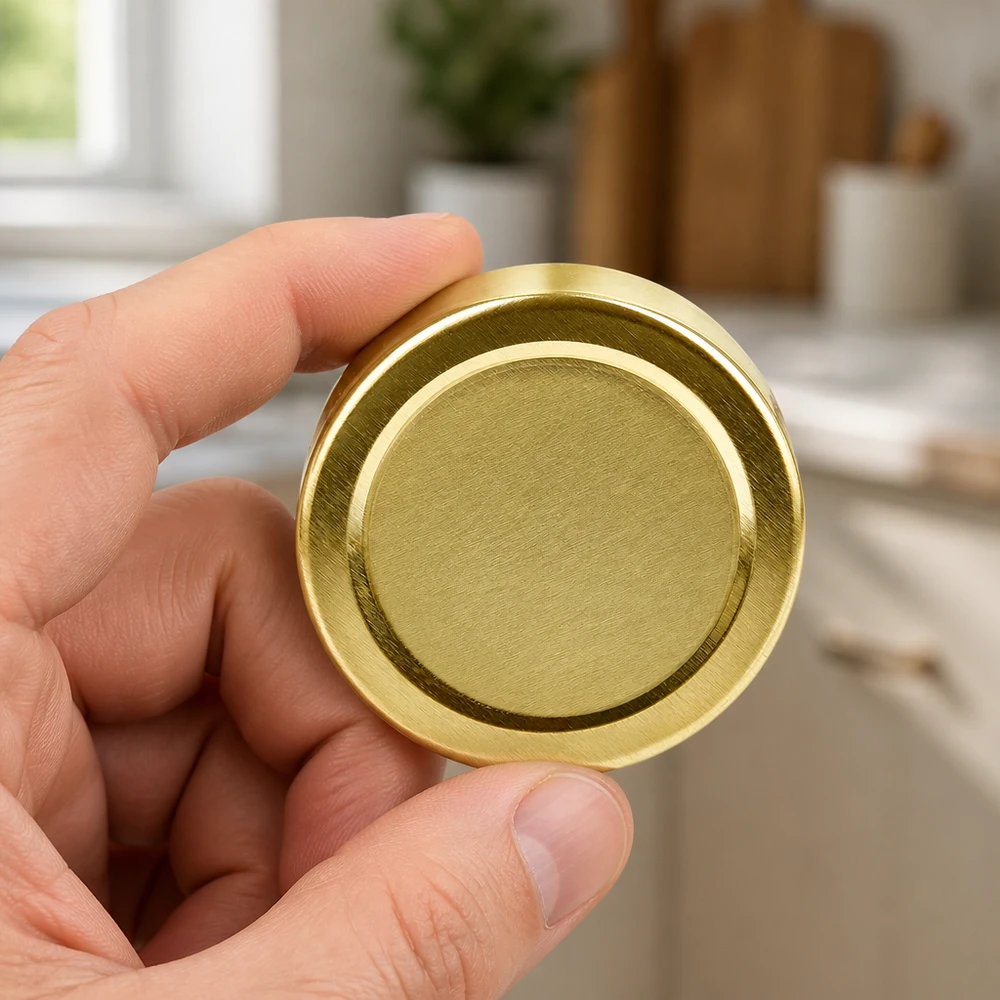 58 mm BasicSeal-deksel goud (TO58deep) UNiTWIST Gouden TO58deep-inmaakdeksel 58 mm BasicSeal UNiTWIST Maatvergelijking met de hand
