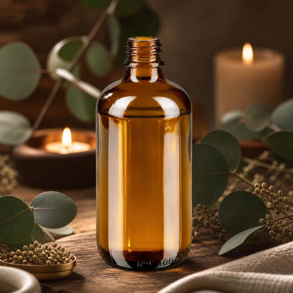 Bruin ApoGlas apothekersflesje 100ml met etherische oliën, eucalyptus en decoratief gerangschikte kaarsen