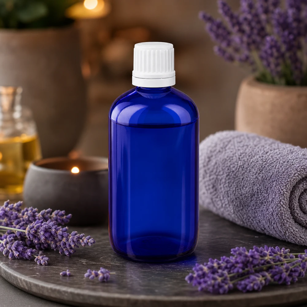 Blauwe apothekersdruppelfles van 100 ml met witte dop op een marmeren plaat in de wellnessruimte