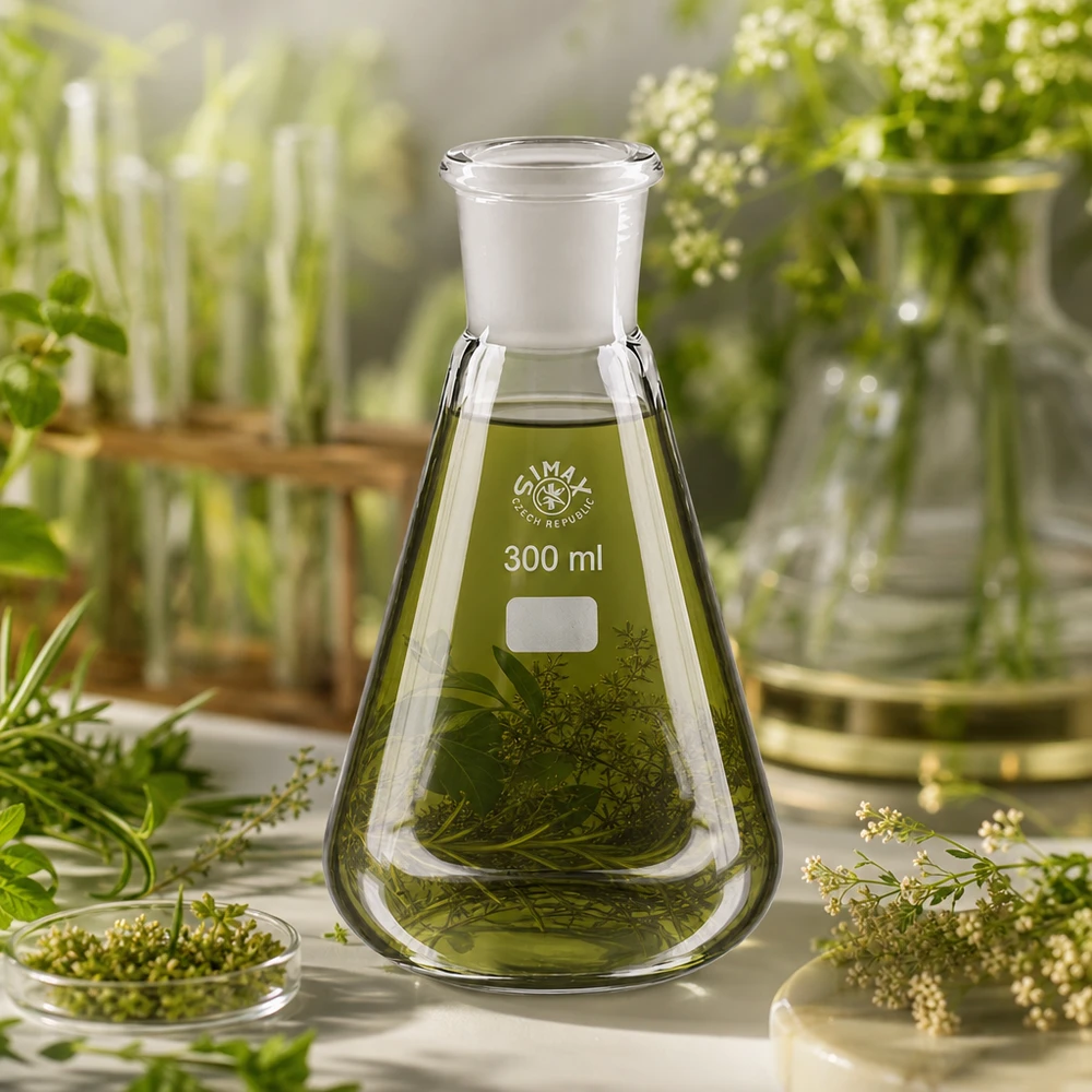 Erlenmeyer 300 ml gemalen 29/32 gevuld met botanische monsters op een wit oppervlak