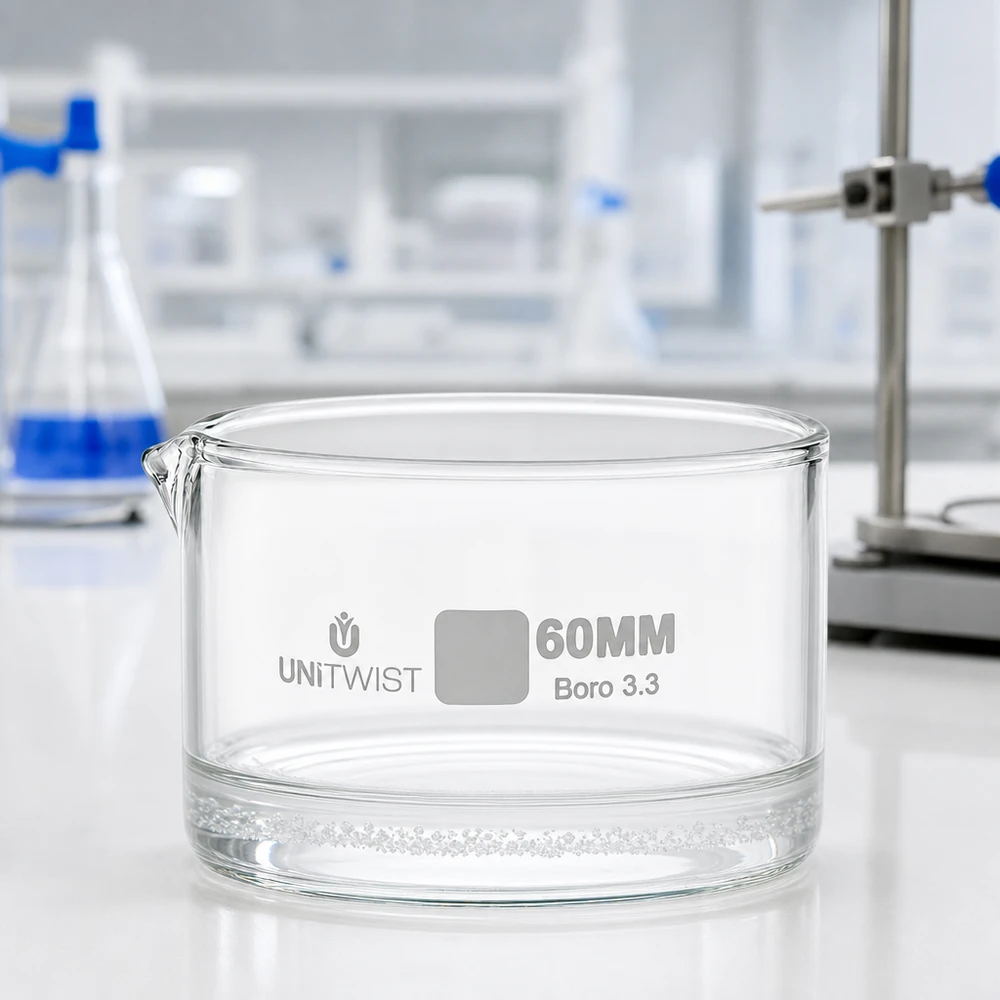 Kristalliseer schaal ø60mm borosilicaatglas UNiTWIST Chemielaboratorium kristallisatieschaal 60 mm, borosilicaatglas, UNiTWIST, met kleine uitgiettuit