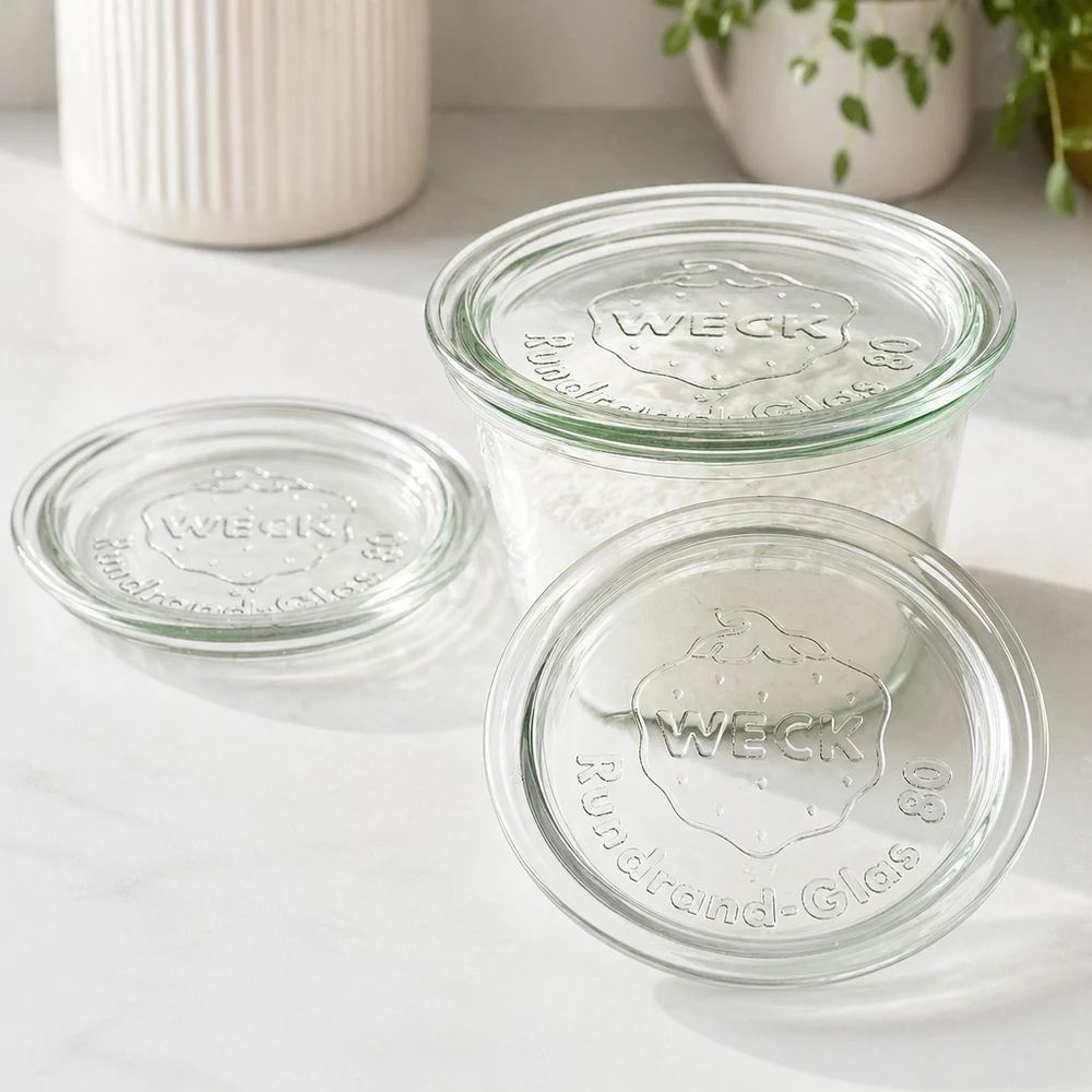 WECK glazen deksel RR80 WECK Glasdeckel RR80 Set mit drei Deckeln auf weißer Oberfläche in moderner Küche für stylische Aufbewahrung