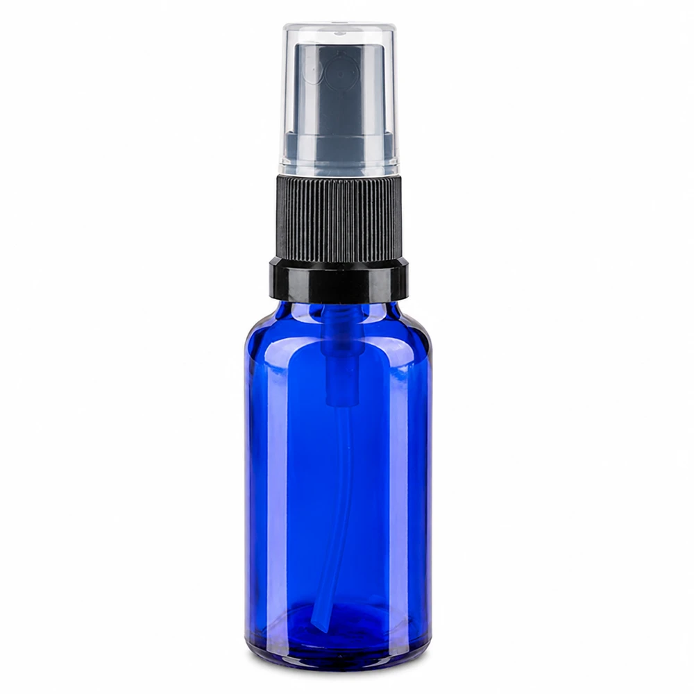 Compacte spuitfles van 20 ml, blauw glas, standaard, zwart-transparant, voor apotheken