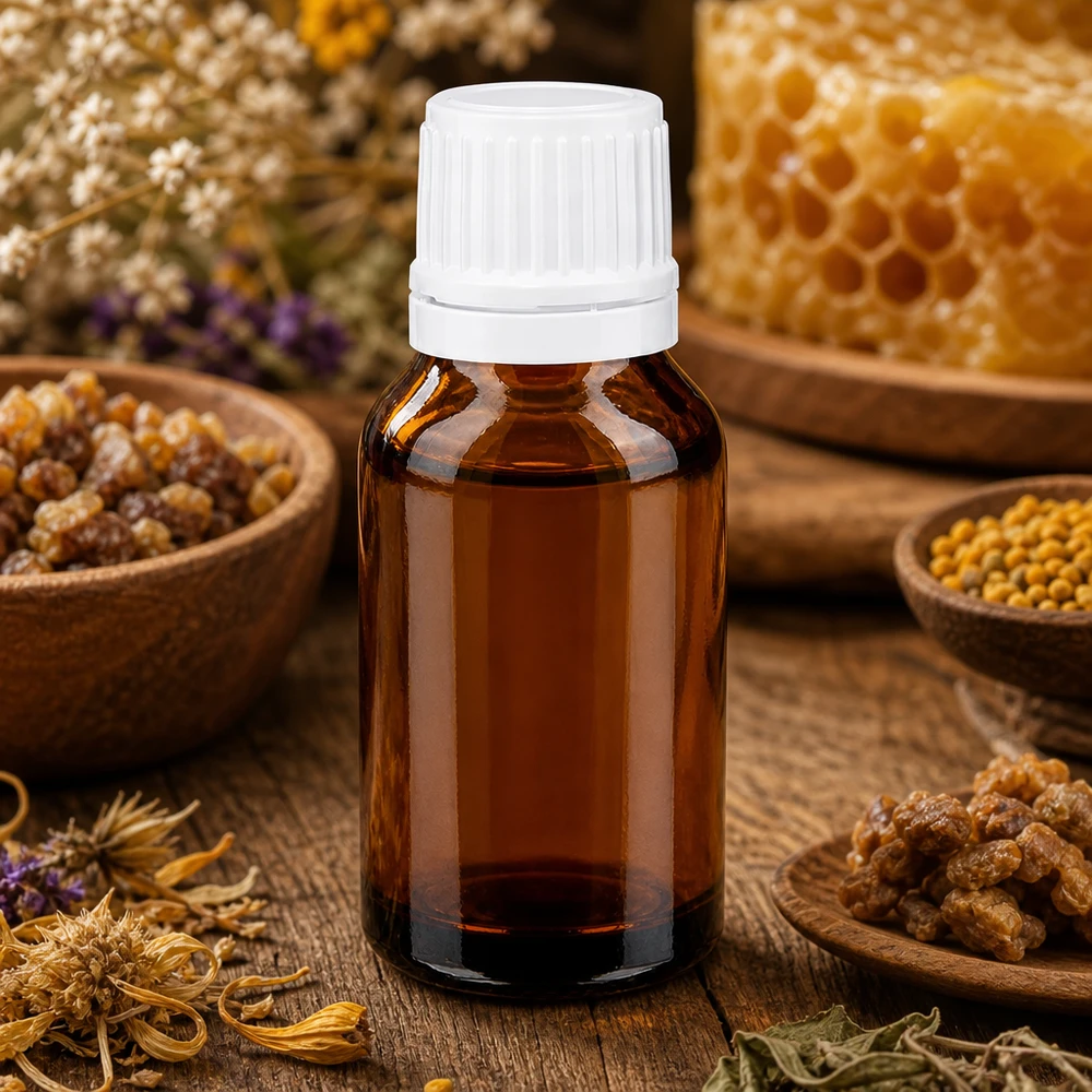 Farmaceutische glazen flesje van 15 ml in amberkleur met witte schroefdop voor natuurlijke producten