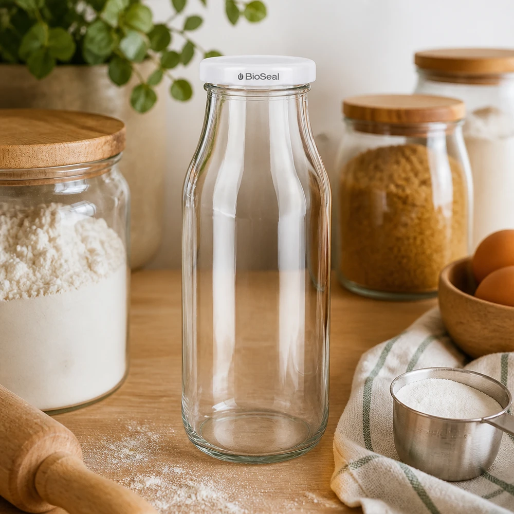 263ml fles met BioSeal deksel wit UNiTWIST UNiTWIST Bottle263 glazen fles leeg in keukenomgeving met houten opbergkasten en kookgerei