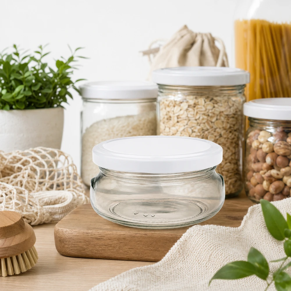Leeg 120ml terrine potje met wit deksel in duurzame zero-waste keuken met voorraadpotten en eco-producten