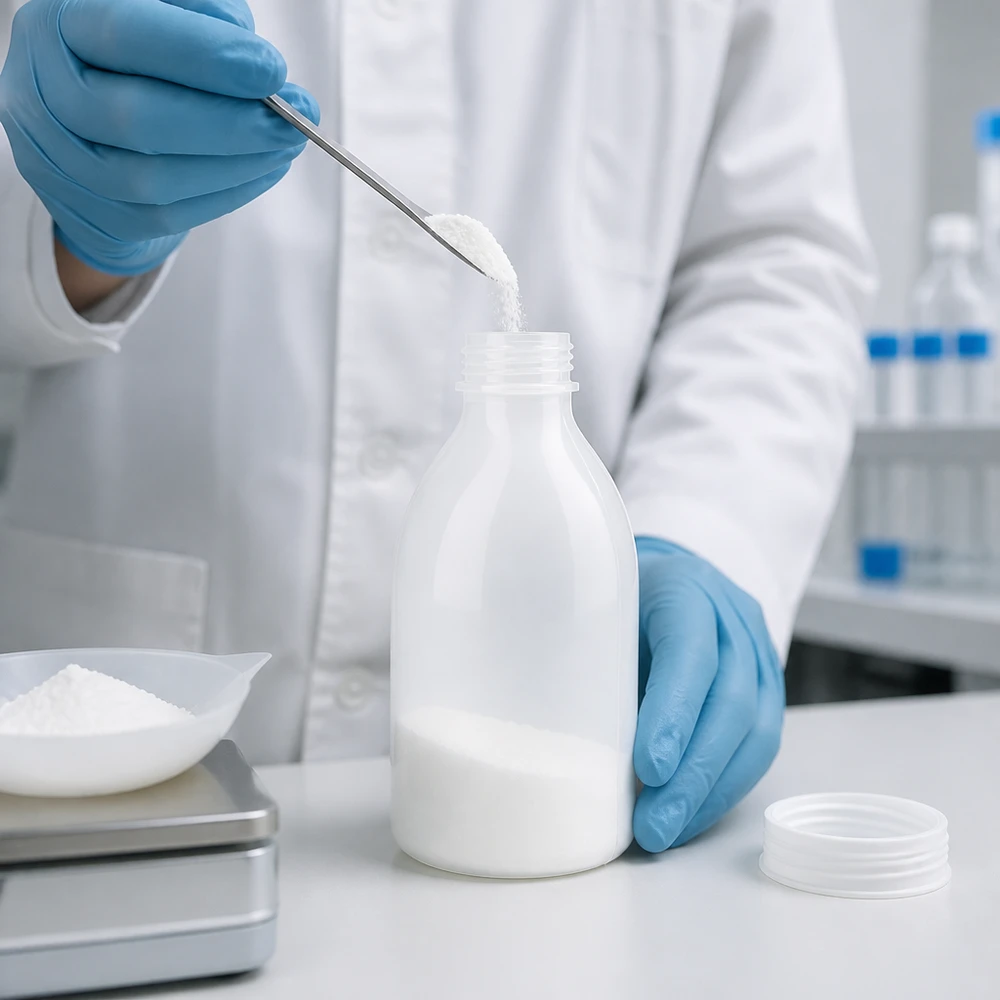 Nauwe hals laboratoriumfles 250ml zonder sluiting Laboratoriumfles met smalle hals van 250 ml, wit HDPE-kunststof, geopend tijdens het vullen met wit poeder