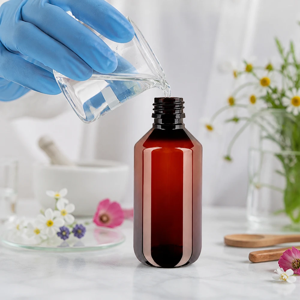 PET-fles 200ml met bruine dop Standaard Kompakte braune 200ml PET Rundflasche mit Standardverschluss für flüssige Arzneimittel