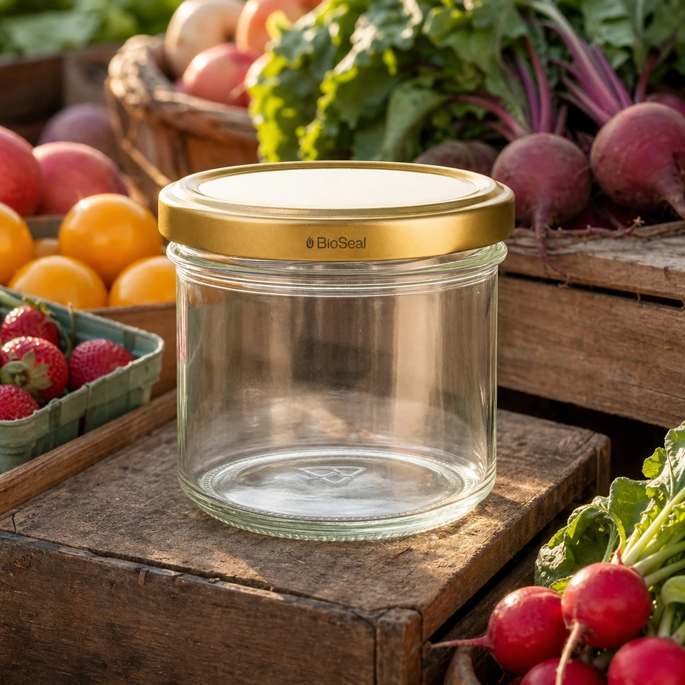 125ml bekers met BioSeal deksel goud UNiTWIST UNiTWIST 125ml Einmachglas leer mit goldenem TO66 Deckel - umgeben von frischem Gemüse und Obst auf Holzbrett