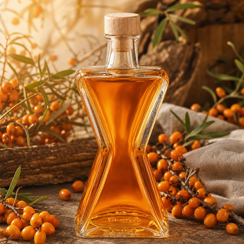 200 ml glazen fles Star met houten kurk UNiTWIST® 200ml Glasflasche Star mit Sanddornöl gefüllt - Holzkorken UNiTWIST perfekt für Kräuteröle und Essenzen