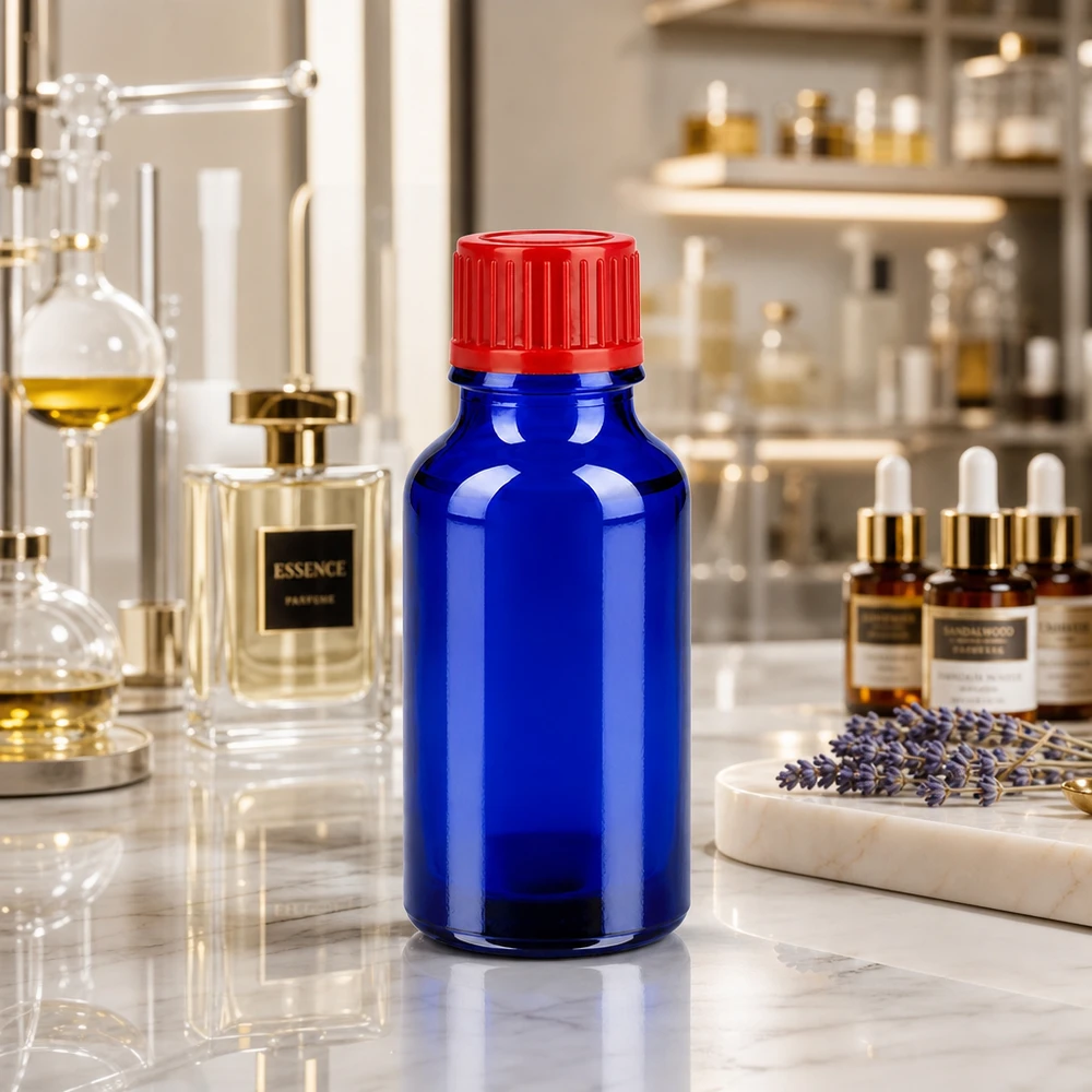 Handig 20ml flesje van dik blauw glas met rode DIN-dop voor druppeltoepassingen
