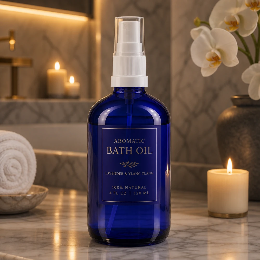 Slanke apothekersfles van 100 ml van blauw veiligheidsglas met een witte verstuiver voor lichaamsverzorging