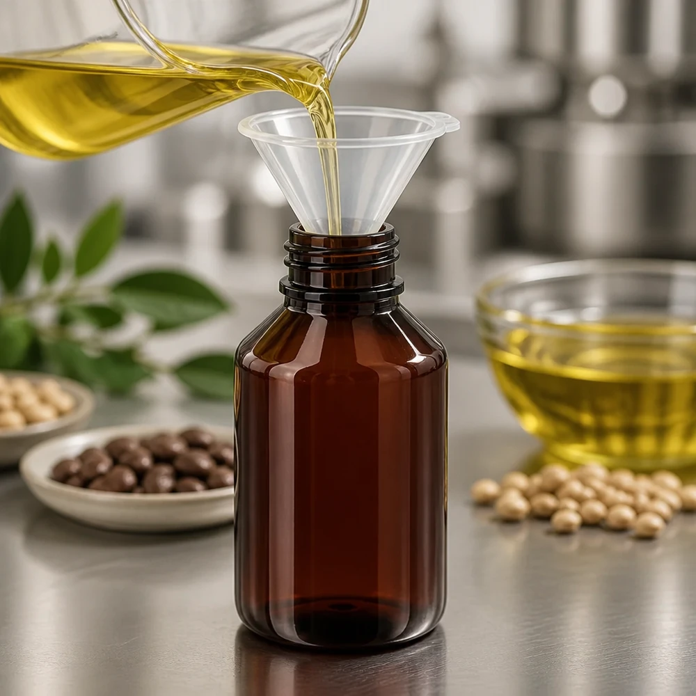 PET-fles 50ml met witte standaard OV PET-flesje met lichtbescherming, 50 ml, met veiligheidssluiting voor gevoelige oliën en essences
