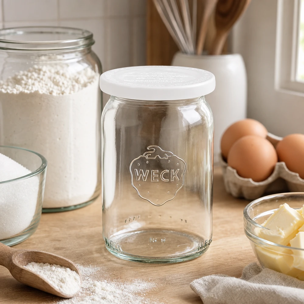 145ml cilinderglas met vershouddeksel WECK RR40 WECK RR40 cilindrische pot 145ml met wit deksel op houten plank naast bakingrediënten zoals eieren, bloem en boter